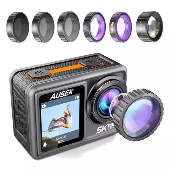 Ausek At S81Tr Waterproof Dual Display 5K Action Camera With Filter C Ausek At S81Tr Waterproof Dual Display 5K Action Camera With Filter C