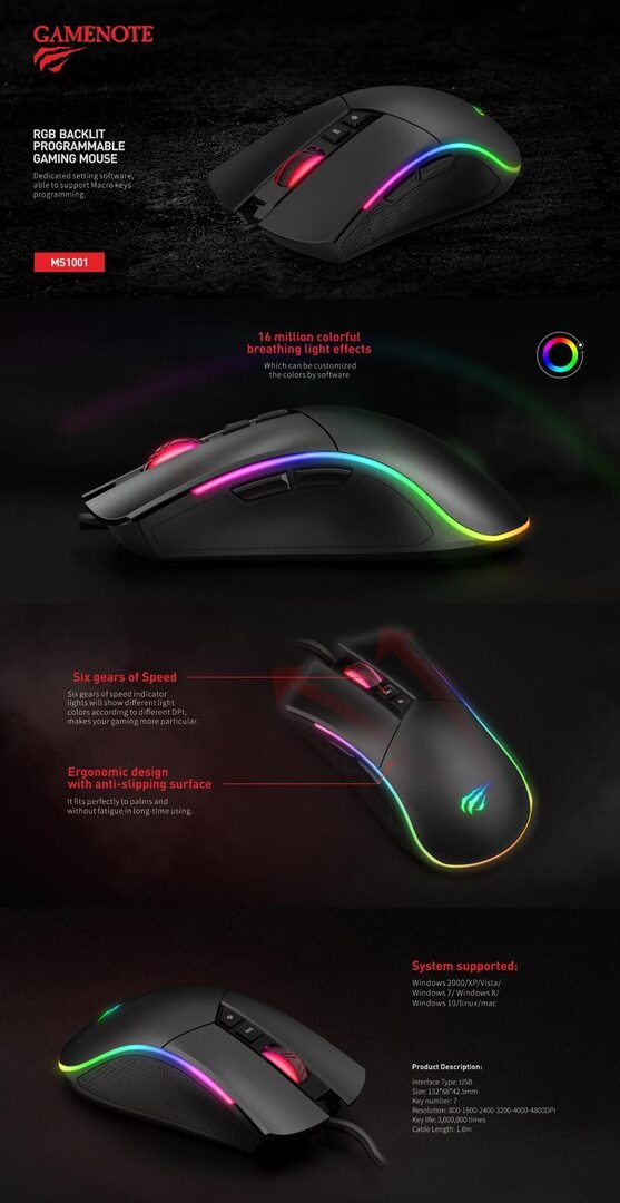 Havit Gamenote Ms1001S Rgb Backlit Programmable Gaming Mouse B