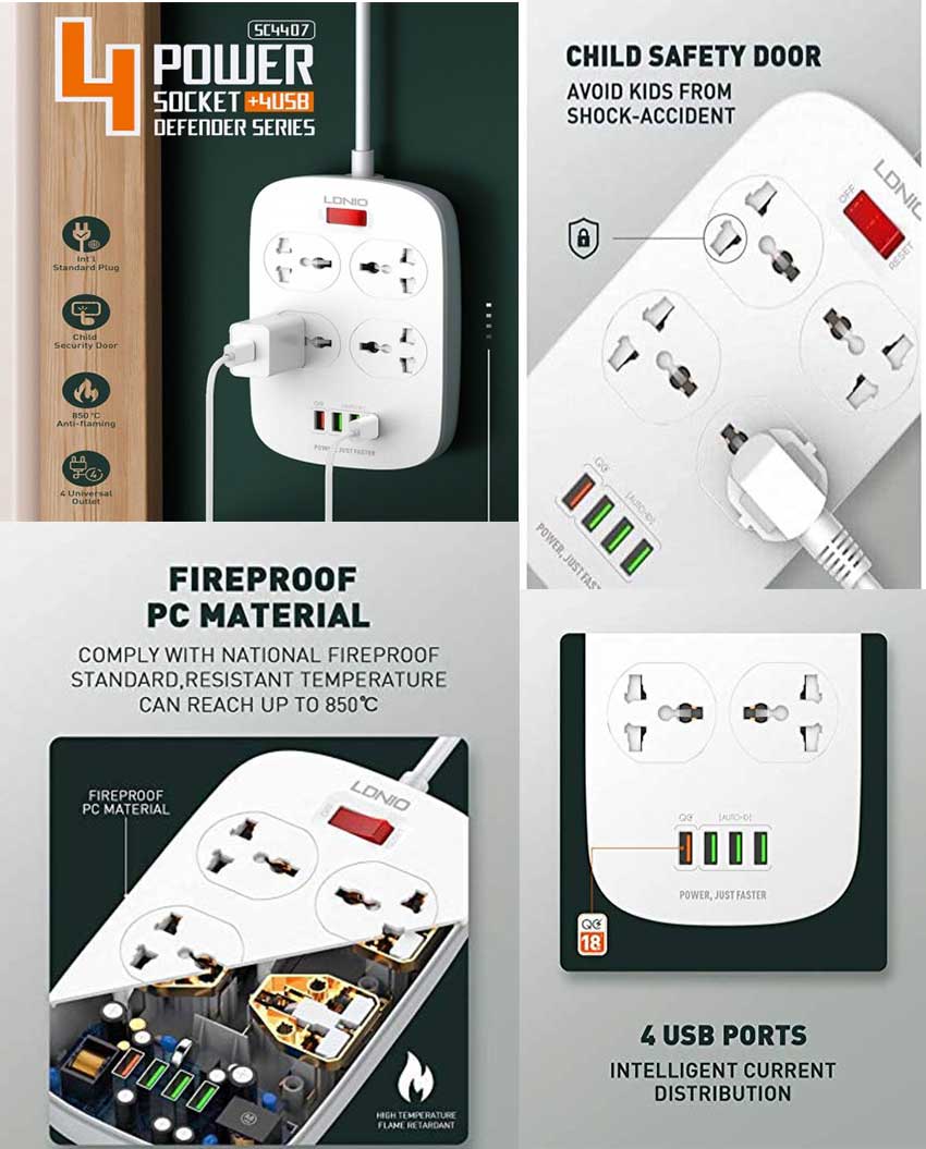 Ldnio Sc4407 Power Socket 4 Usb Charger With Power Extension Cord F Ldnio Sc4407 Power Socket 4 Usb Charger With Power Extension Cord F