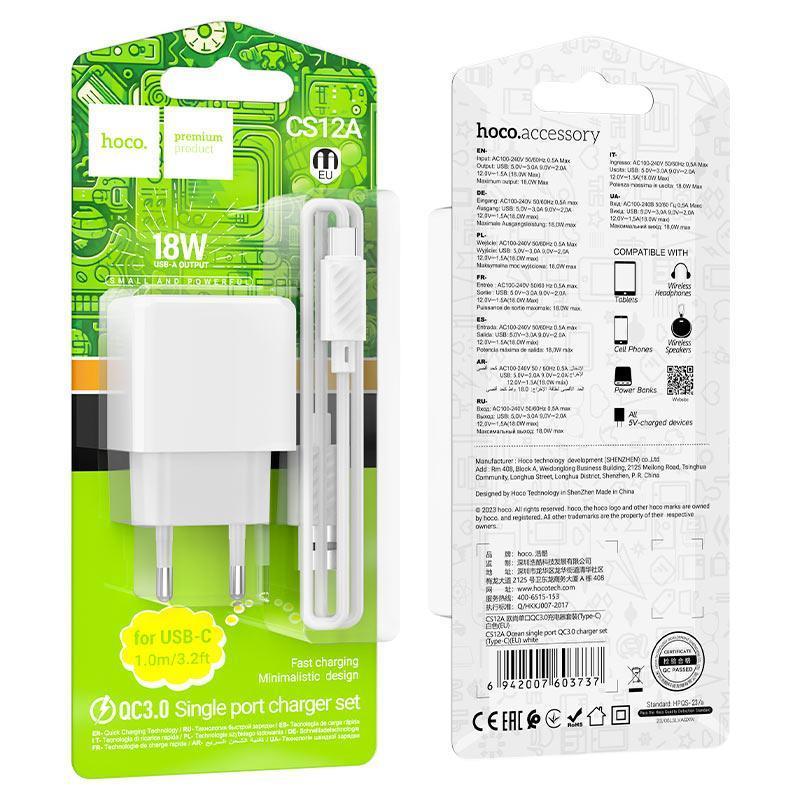 Hoco Cs12A Charger Adapter With Type C Cable A Hoco Cs12A Charger Adapter With Type C Cable A