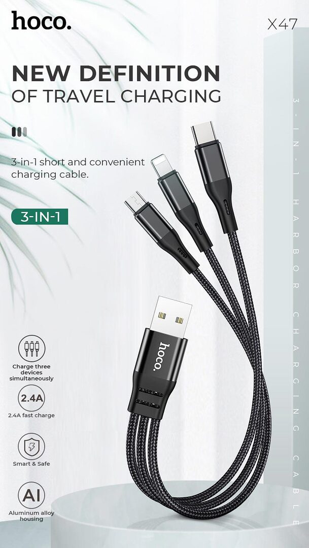 Hoco X47 Harbor 3 In 1 Usb Charging Cable C Hoco X47 Harbor 3 In 1 Usb Charging Cable C