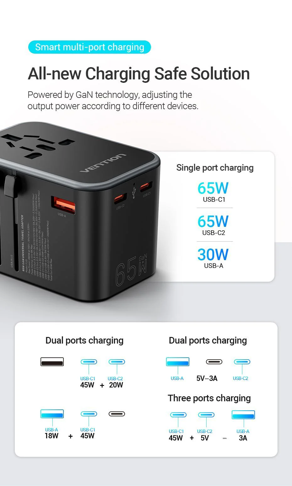 Vention 3 Port Usb (C + C + A) Gan Universal Travel Adapter E Vention 3 Port Usb (C + C + A) Gan Universal Travel Adapter E