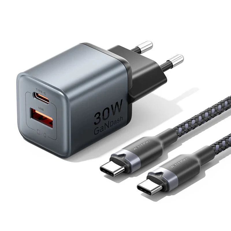 Vention 2 Port Usb (C + A) Gan Charger (30W 18W) Gray With Usb C To Usb C Cable (1M) Vention 2 Port Usb (C + A) Gan Charger (30W 18W) Gray With Usb C To Usb C Cable (1M)