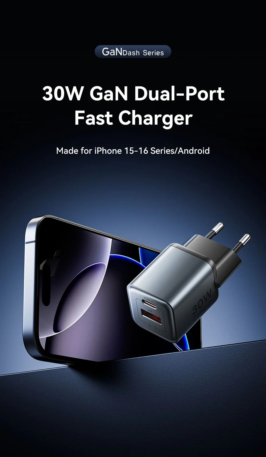 Vention 2 Port Usb (C+A) Gan Charger (30W 18W) Eu Plug A Vention 2 Port Usb (C+A) Gan Charger (30W 18W) Eu Plug A