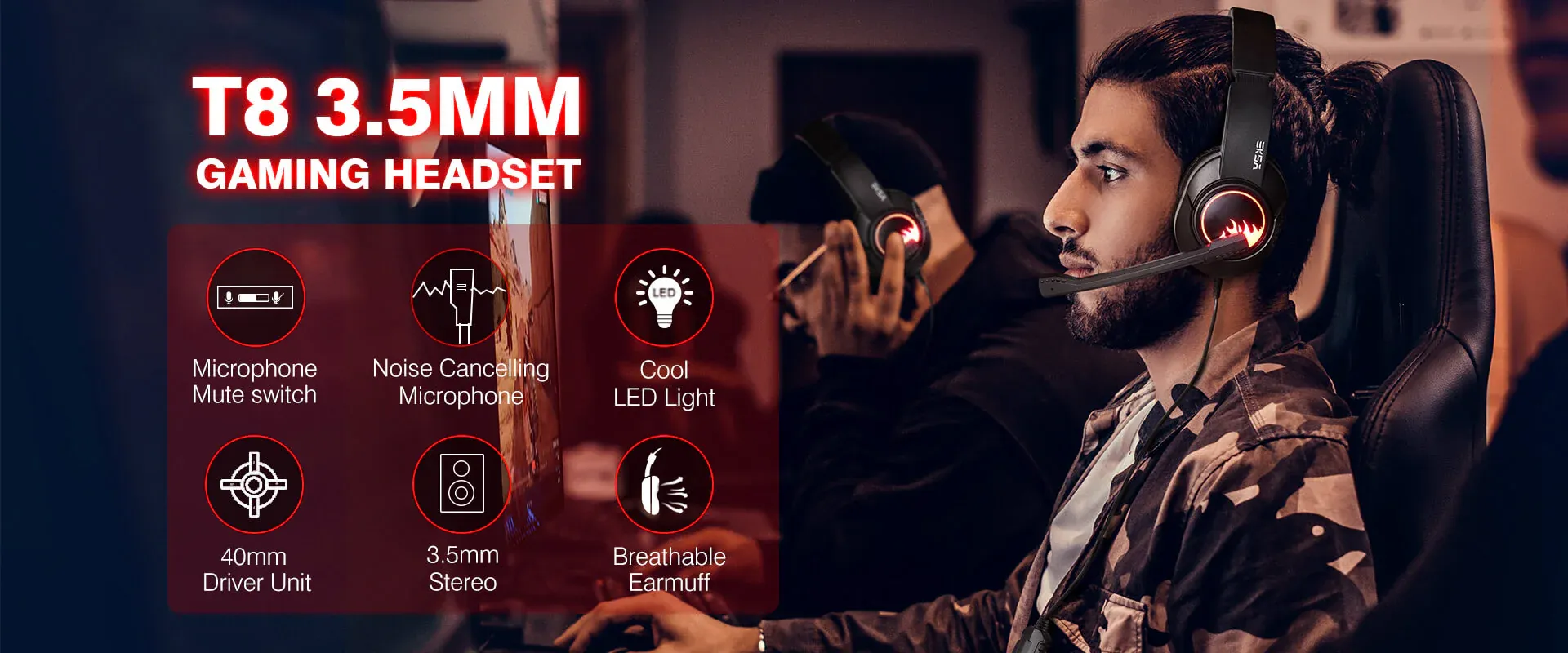 Eksa T8 Stereo Noise Cancelling Over Ear Gaming Headphone A