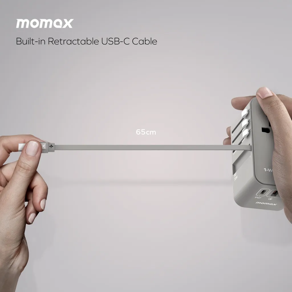 Momax 1 World 70W Gan 3 Port With Built In Usb C Cable Ac Travel Adaptor Ua18D D