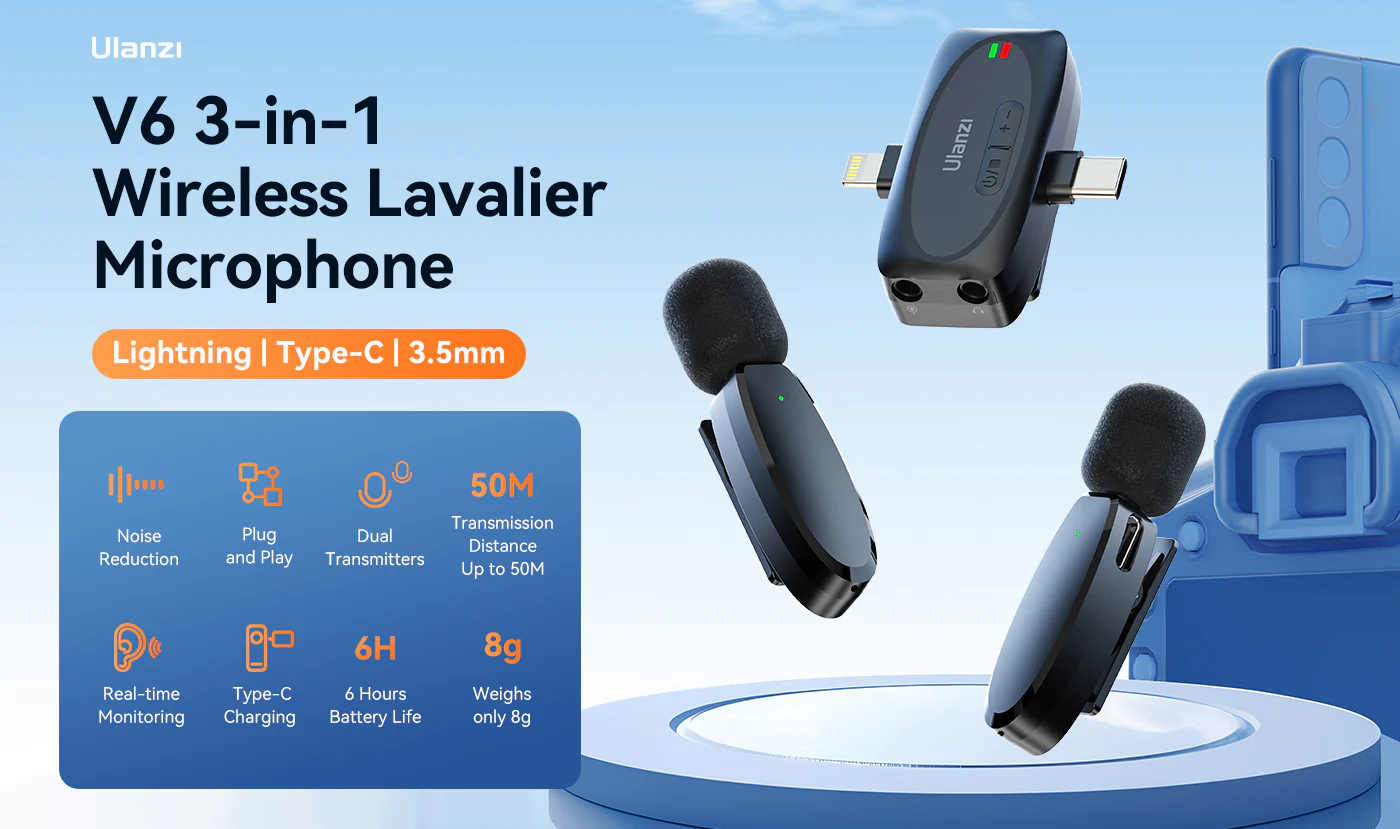 Ulanzi V6 3 In 1 Plug Play Wireless Lavalier Microphone For Iphone Android Tablet Camera A