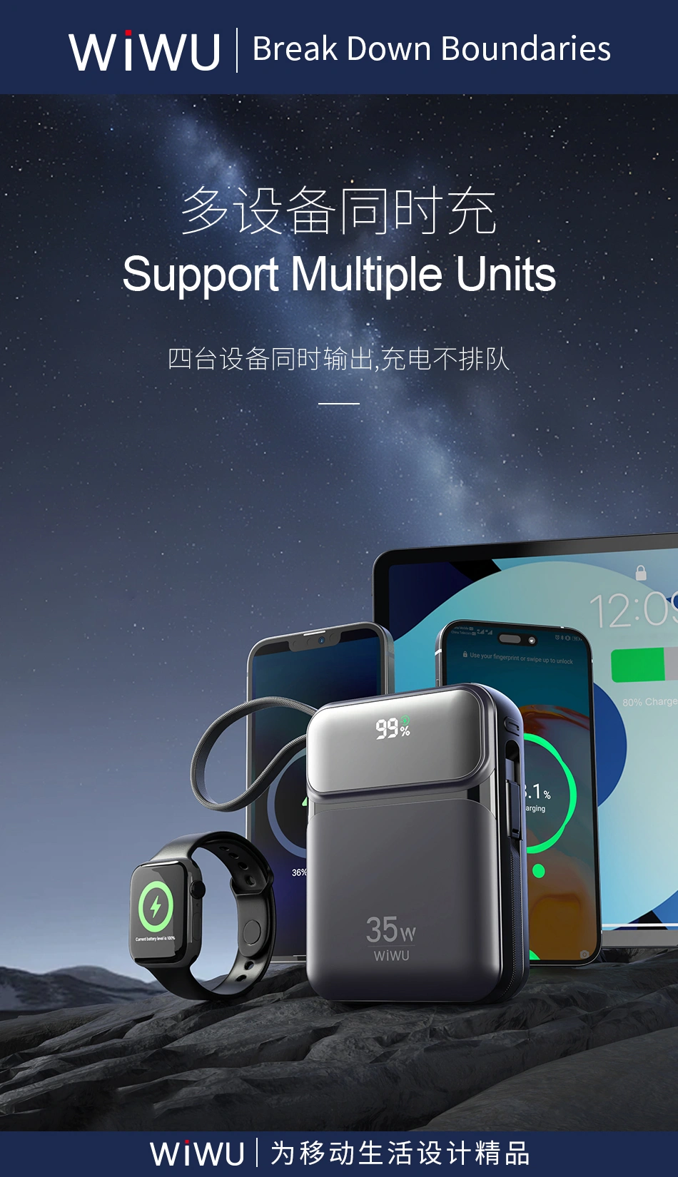 Wiwu Galaxy Series Wi P036 35W 20000Mah Power Bank With Built In Lightning And Usb C Cable D