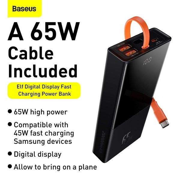 Baseus Elf 65W Power Bank 20000Mah With Type C Cable D Baseus Elf 65W Power Bank 20000Mah With Type C Cable D