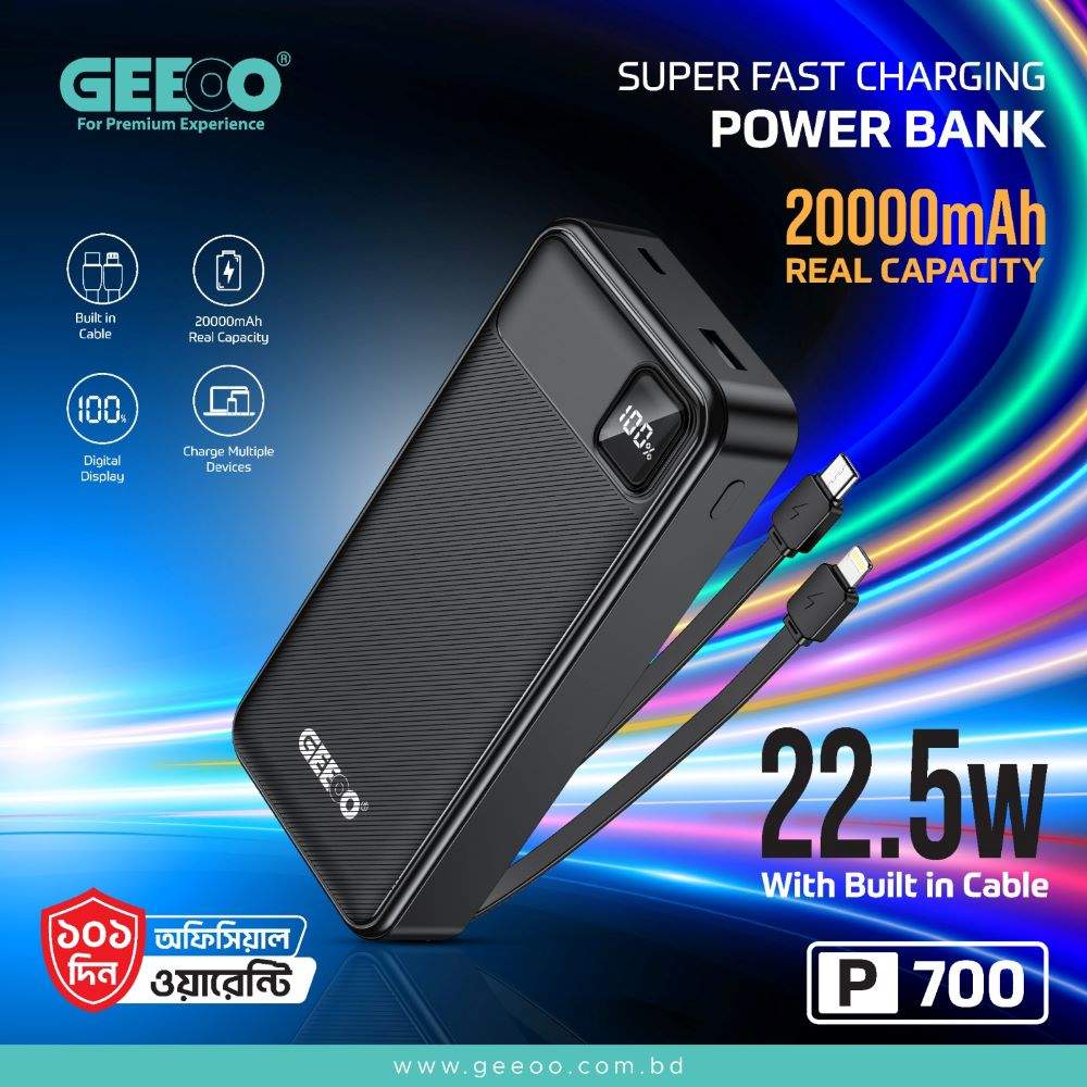 Geeoo P700 20,000Mah 22 5W Power Bank With Type C &Amp; Lightning Cable B