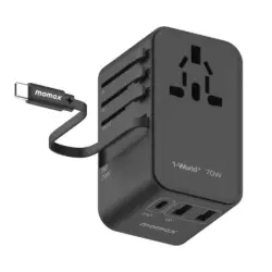 Momax 1 World UA18D 70W Gan 3 Port + AC Travel Adapter with USB C Cable
