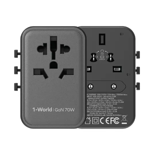 Momax 1 World Ua18D 70W Gan 3 Port + Ac Travel Adapter With Usb C Cable B Momax 1 World Ua18D 70W Gan 3 Port + Ac Travel Adapter With Usb C Cable B