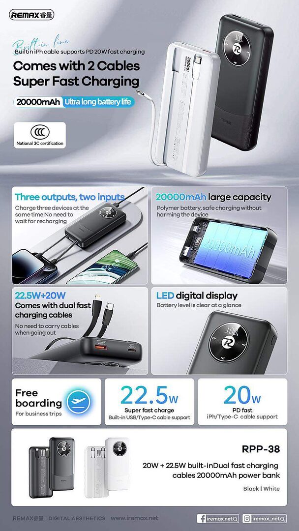 Remax Rpp-38 20000Mah 20W + 22 5W Power Bank With Dual Fast Charging Cable N