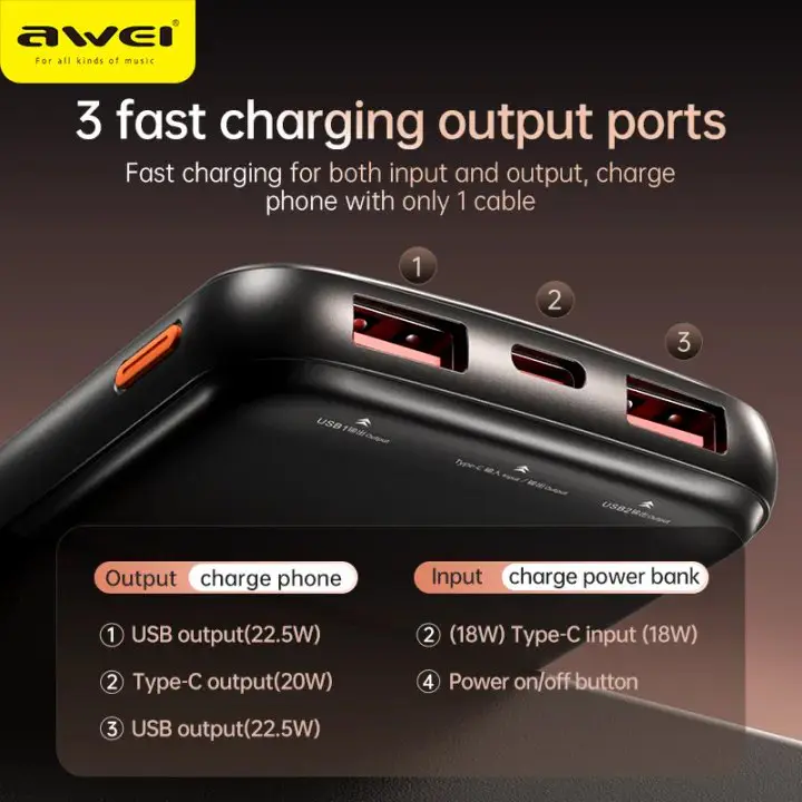 Awei P10K 10000Mah 22 5W Pd Fast Charge Power Bank C Awei P10K 10000Mah 22 5W Pd Fast Charge Power Bank C
