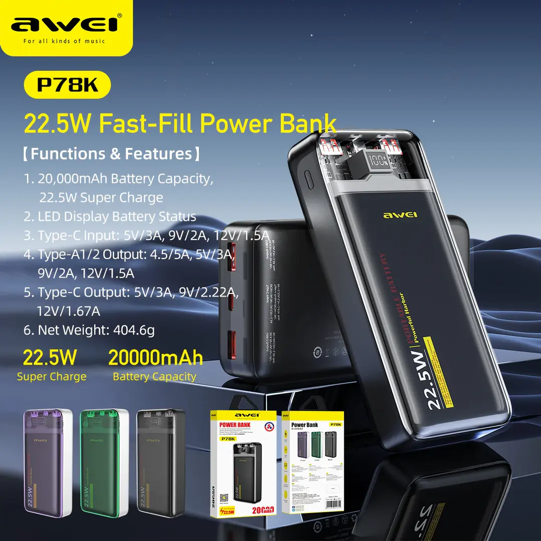 Awei P78K 20000Mah Pd22 5W Portable Fast Charging Power Bank A