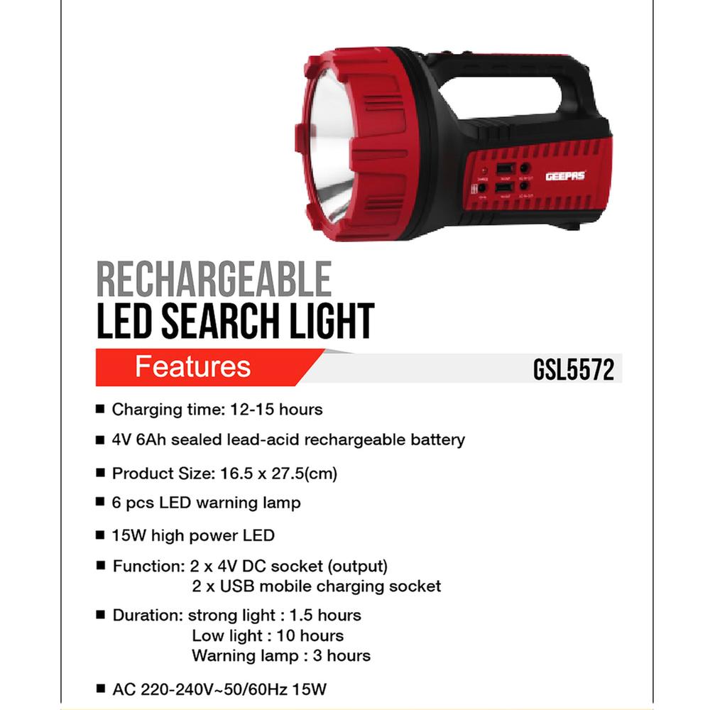 Geepas Gsl5572 Rechargeable Led Search Light F Geepas Gsl5572 Rechargeable Led Search Light F