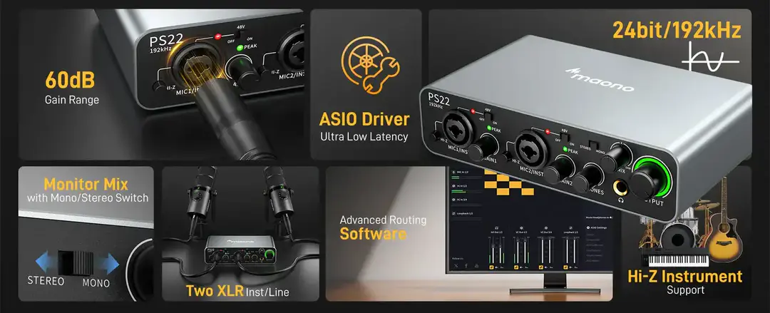 Maono Ps22 Audio Interface For Recording, Music Production, Guitar A