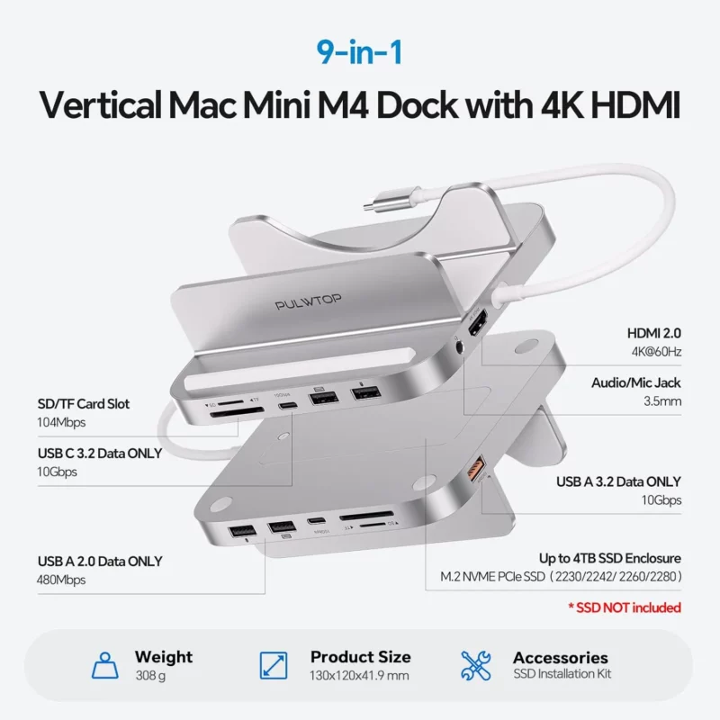 Pulwtop Bs212D 9 In 1 Mac Mini M4 Dock With Ssd Enclosure, Hdmi 4K &Amp; Usb C 10Gbps (Ssd Not Included) A