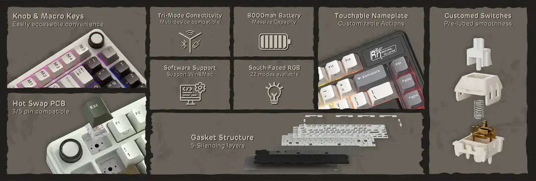 Royal Kludge Rk L75 Tri Mode Hot Swappable Wireless Mechanical Gaming Keyboard B