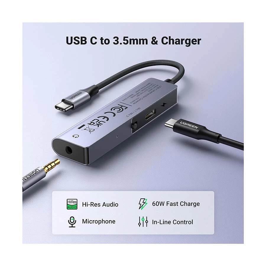 Ugreen Cm230 (90518) Type C Male To 3 5Mm &Amp; Usb C Pd Female Audio Converter With Built In Mic A
