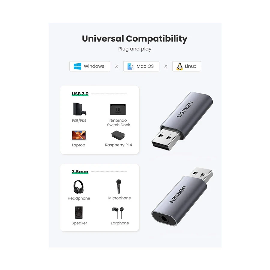 Ugreen Cm383 (80864) Usb Male To 3 5Mm Female Audio Converter A Ugreen Cm383 (80864) Usb Male To 3 5Mm Female Audio Converter A