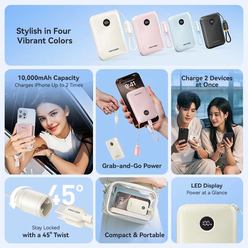 Vention Fkab0 C 10000Mah 22 5W Fast Charging Power Bank With Built In Usb C Cable B