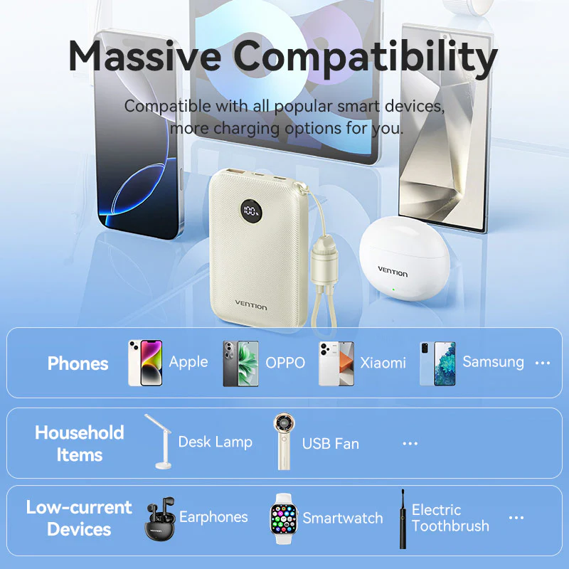 Vention Fkal0 C 10000Mah 22 5W Fast Charging Power Bank With Built In Usb C Cable D