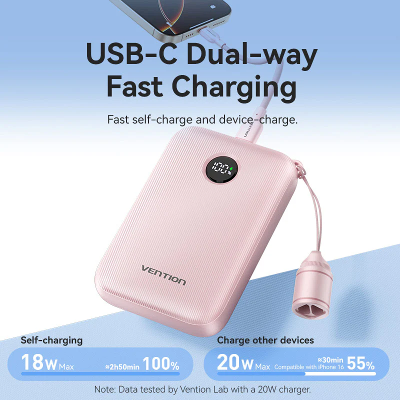 Vention Fkan0 C 10000Mah 22 5W Fast Charging Power Bank With Built In Usb C Cable B