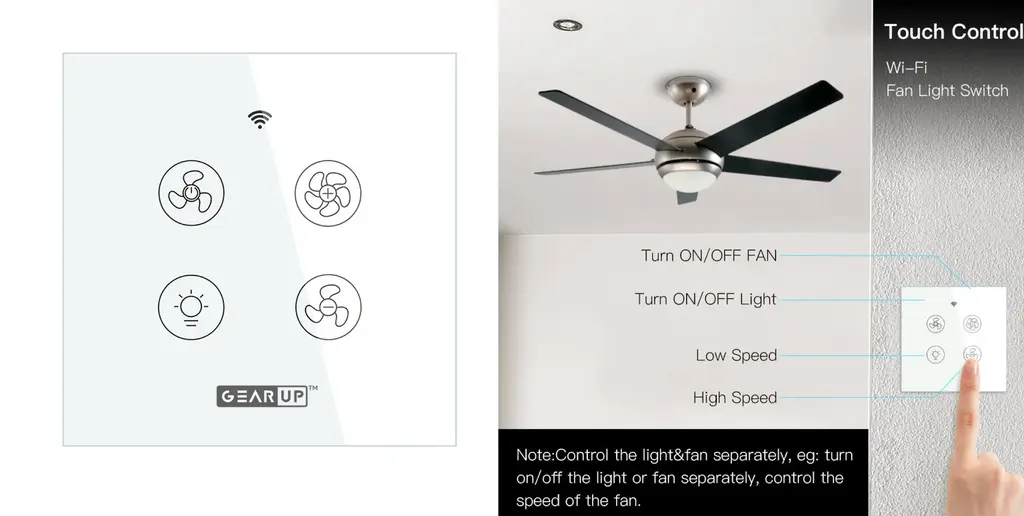 Gearup Wi Fi Ceiling Fan Speed Controller &Amp; Light Switch (Without Remote) B Gearup Wi Fi Ceiling Fan Speed Controller &Amp; Light Switch (Without Remote) B